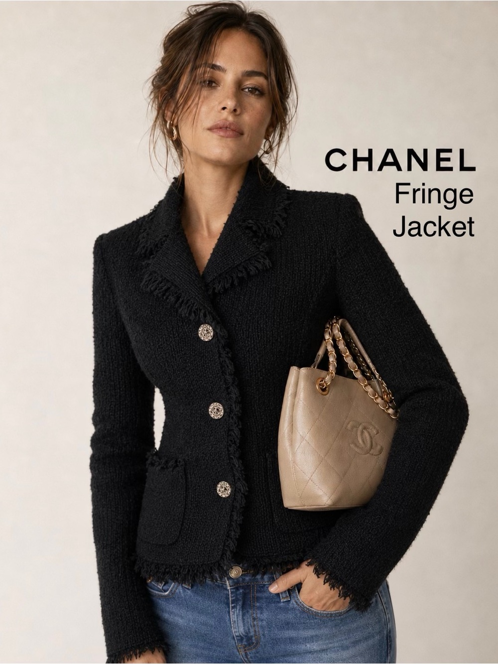CHANEL Karl Lagerfeld Black Tweed Fringe-Trim Blazer W/Pockets Size 6 FR 38